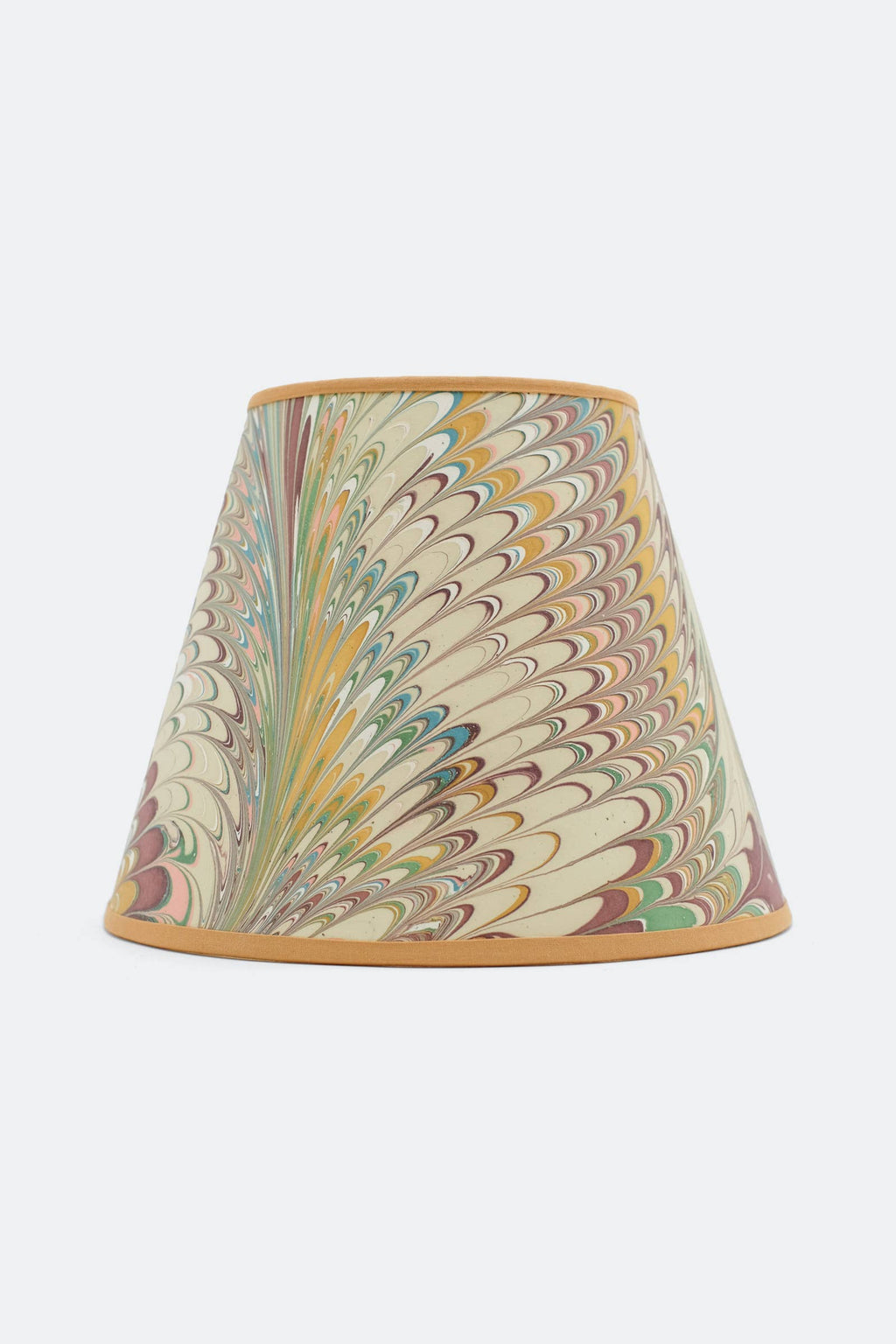 Doves blush and gold hand-marbled empire lamp shade from Kevin Francis Design, feather marbling in blush, sage and antique gold with an ochre trim.