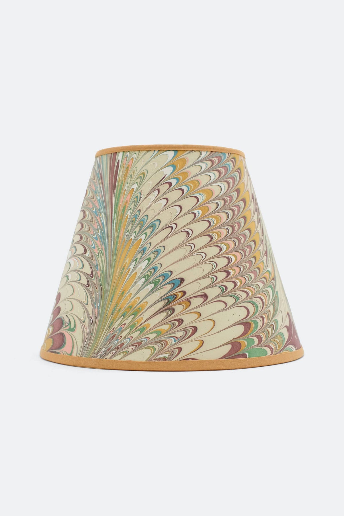 Doves blush and gold hand-marbled empire lamp shade from Kevin Francis Design, feather marbling in blush, sage and antique gold with an ochre trim.