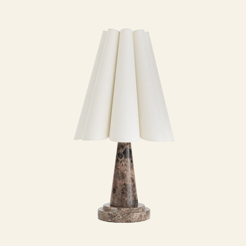 22-inch Cecil Brown Marble Mini Table Lamp by Kevin Francis Design showing a sleek brown marble base and a matching lampshade.