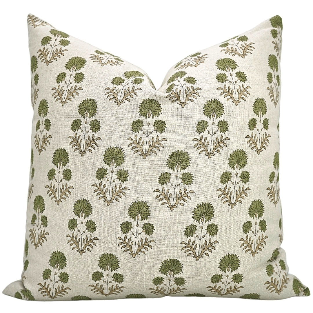 The Collier block print pillow cover in sage green, 100% linen