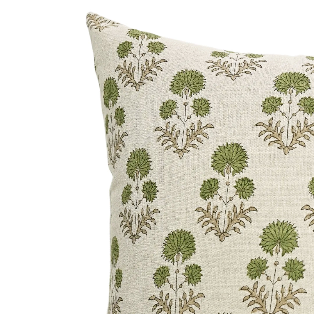 Hand block printed floral sprig pattern on the Collier 100% linen pillow cover