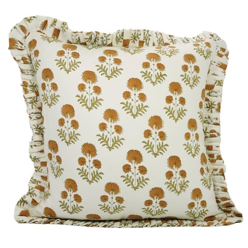 The Collier ruffled block print pillow cover in mustard, green and white, cotton canvas
