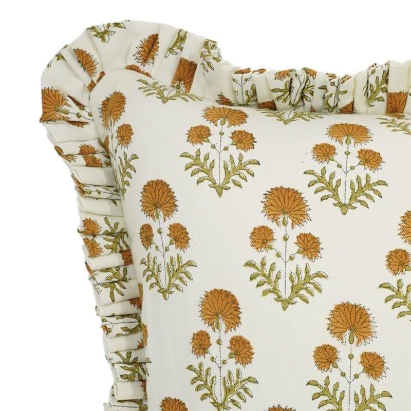 Hand block printed floral sprig pattern on the Collier cotton canvas ruffled pillow cover