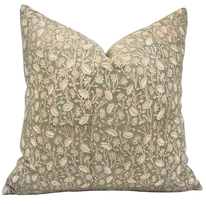 The Dellwood block print pillow cover in olive and brown, heavyweight linen