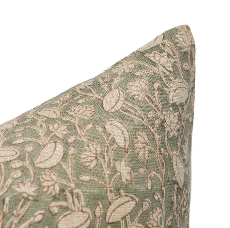 Hand block printed botanical pattern on the Dellwood heavyweight linen pillow cover