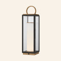 Kevin Francis Design Dillon outdoor rechargeable table lantern lamp, 23-29 inch tall with a metal handle and glass enclosure.