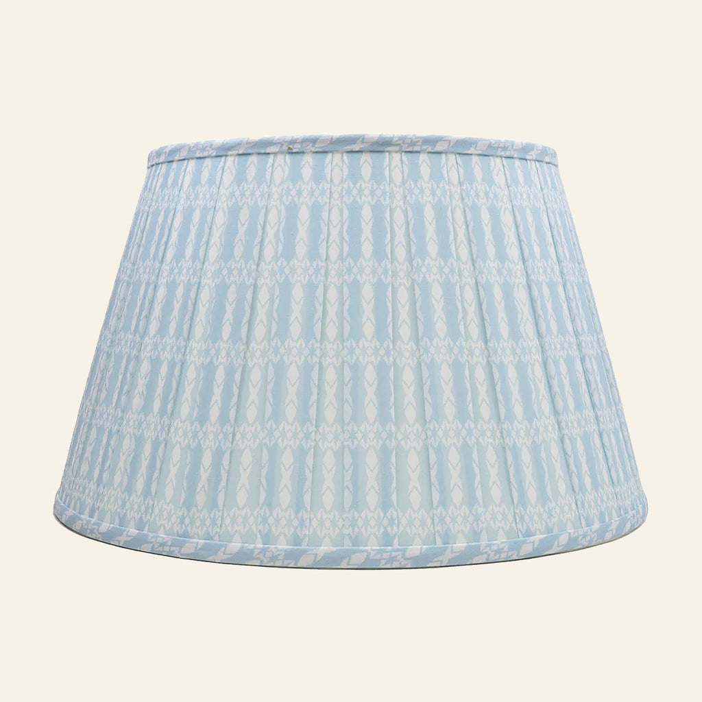 Eastwood light blue printed pleated lamp shade by Kevin Francis Design showing detailed fabric and classic pleated design.