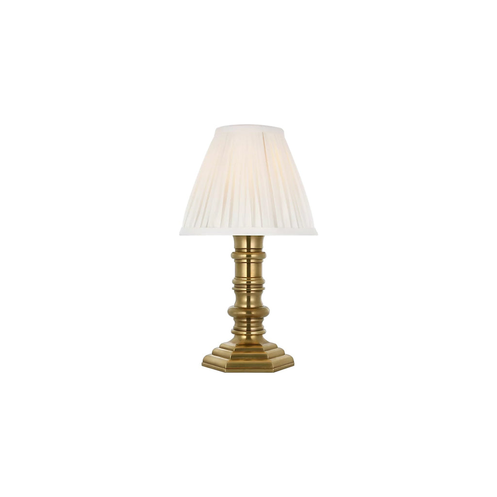 12-inch Ellis pleated silk cordless candlestick lamp in brass by Kevin Francis Design