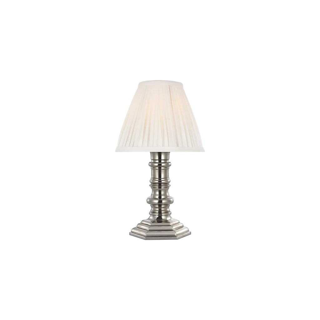 12-inch Ellis pleated silk cordless candlestick lamp in silver by Kevin Francis Design
