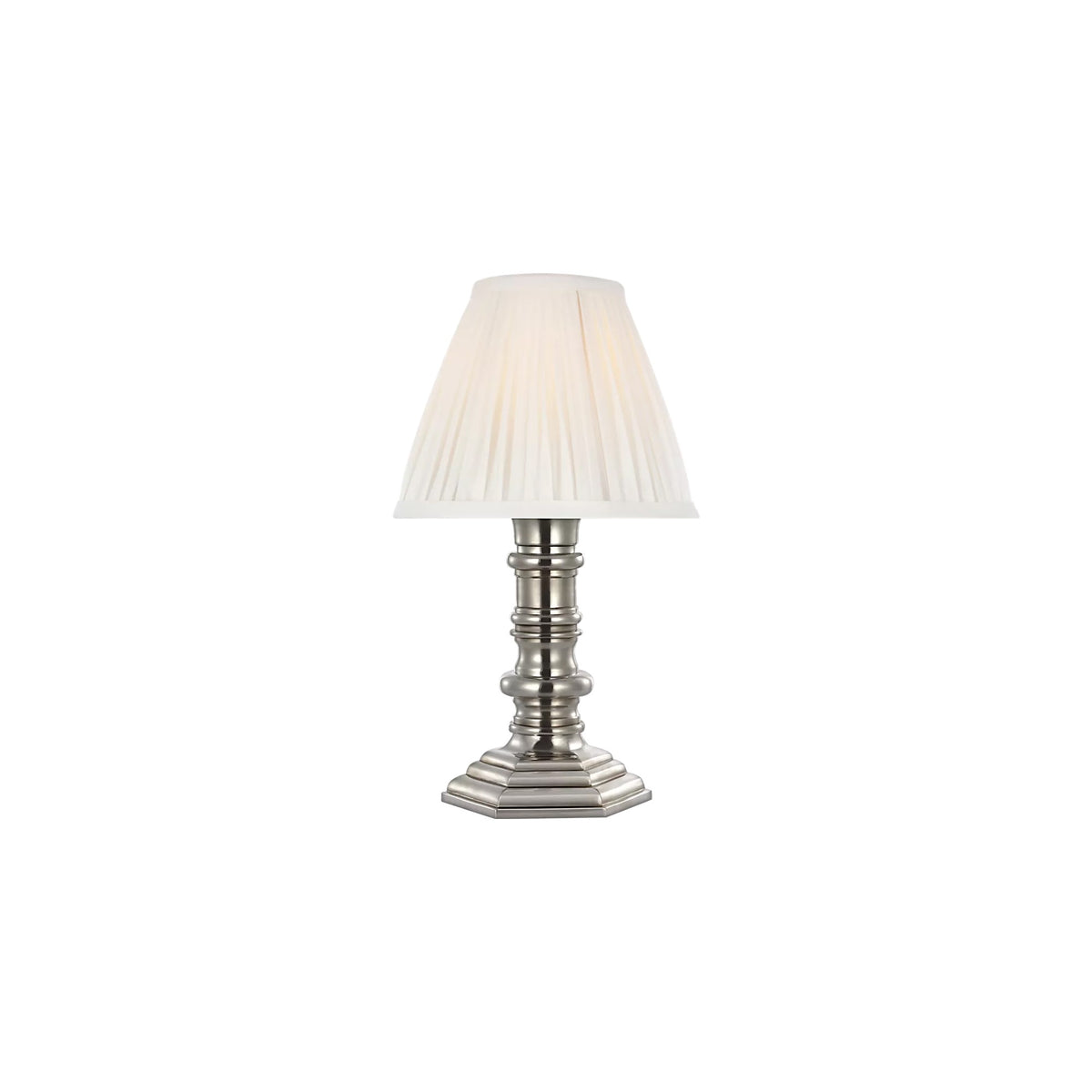 12-inch Ellis pleated silk cordless candlestick lamp in silver by Kevin Francis Design