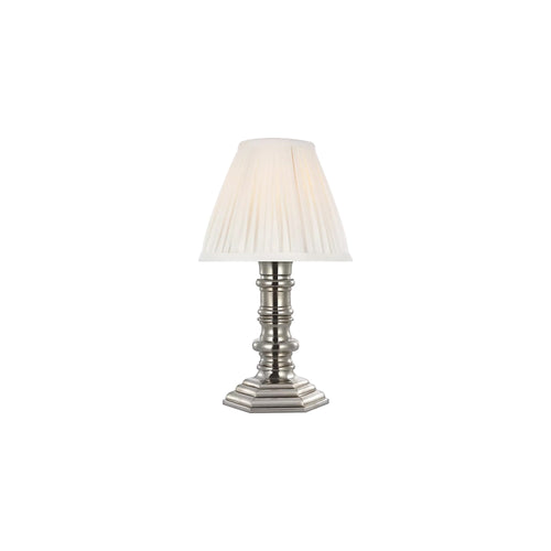 12-inch Ellis pleated silk cordless candlestick lamp in silver by Kevin Francis Design