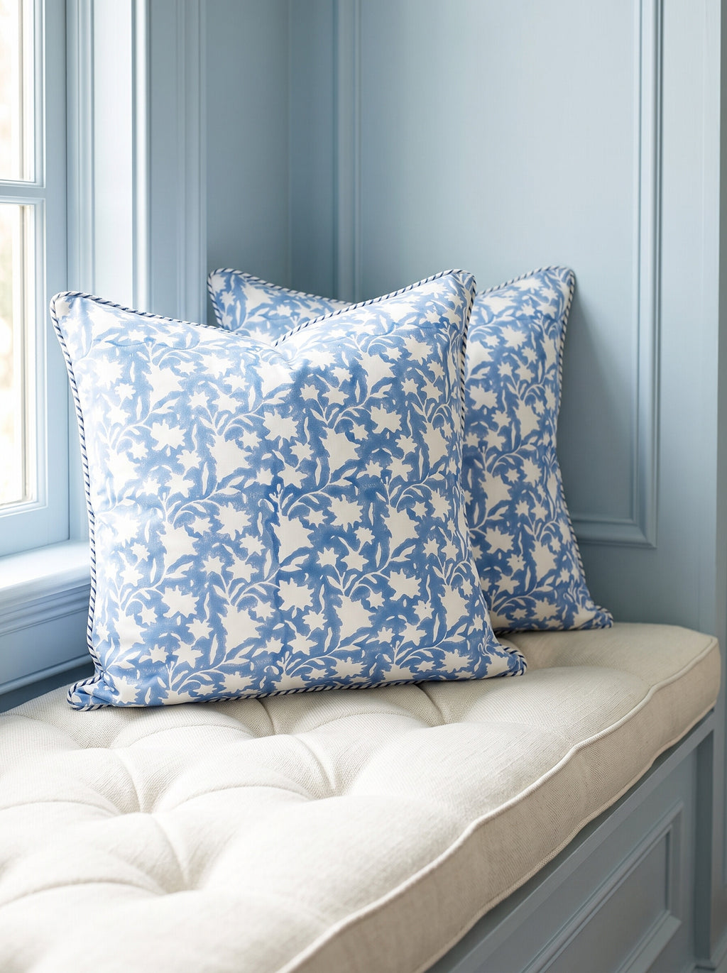 Two Fernleaf block print pillow covers in periwinkle blue styled on a tufted window seat