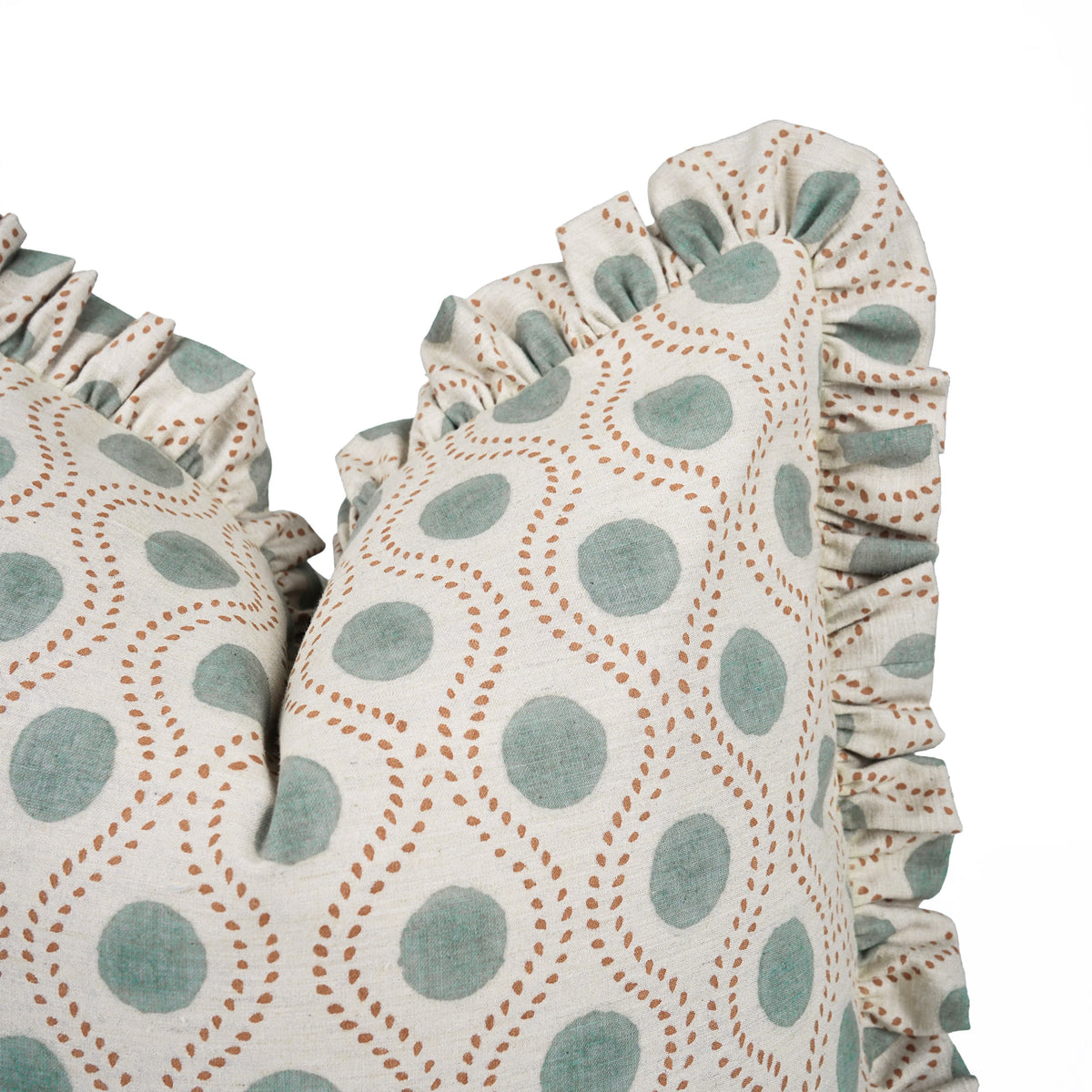 Hand block printed dotted trellis pattern on the Glenridge linen blend ruffled pillow cover