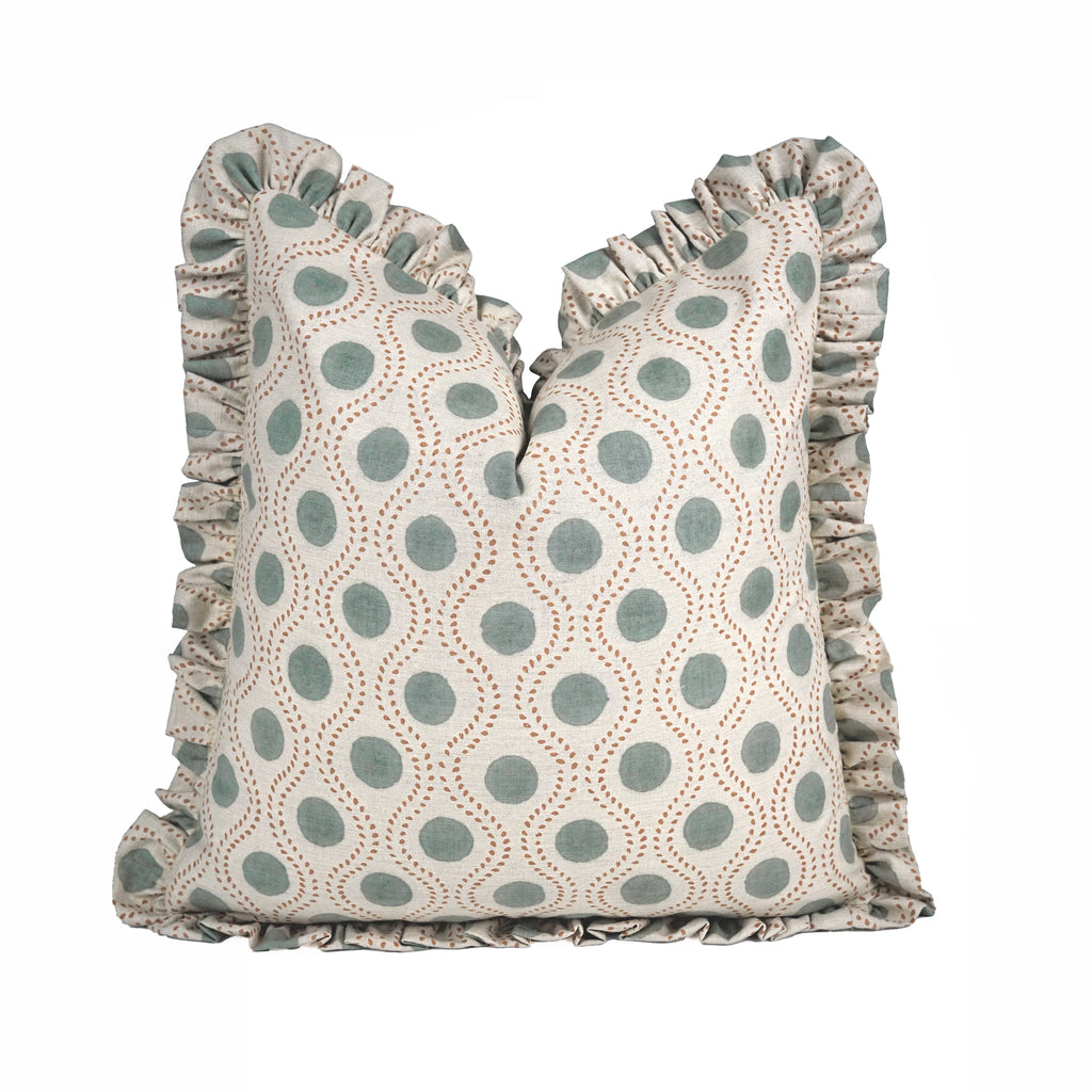 The Glenridge ruffled block print pillow cover in sage and rust, linen blend