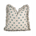 The Glenridge ruffled block print pillow cover in sage and rust, linen blend
