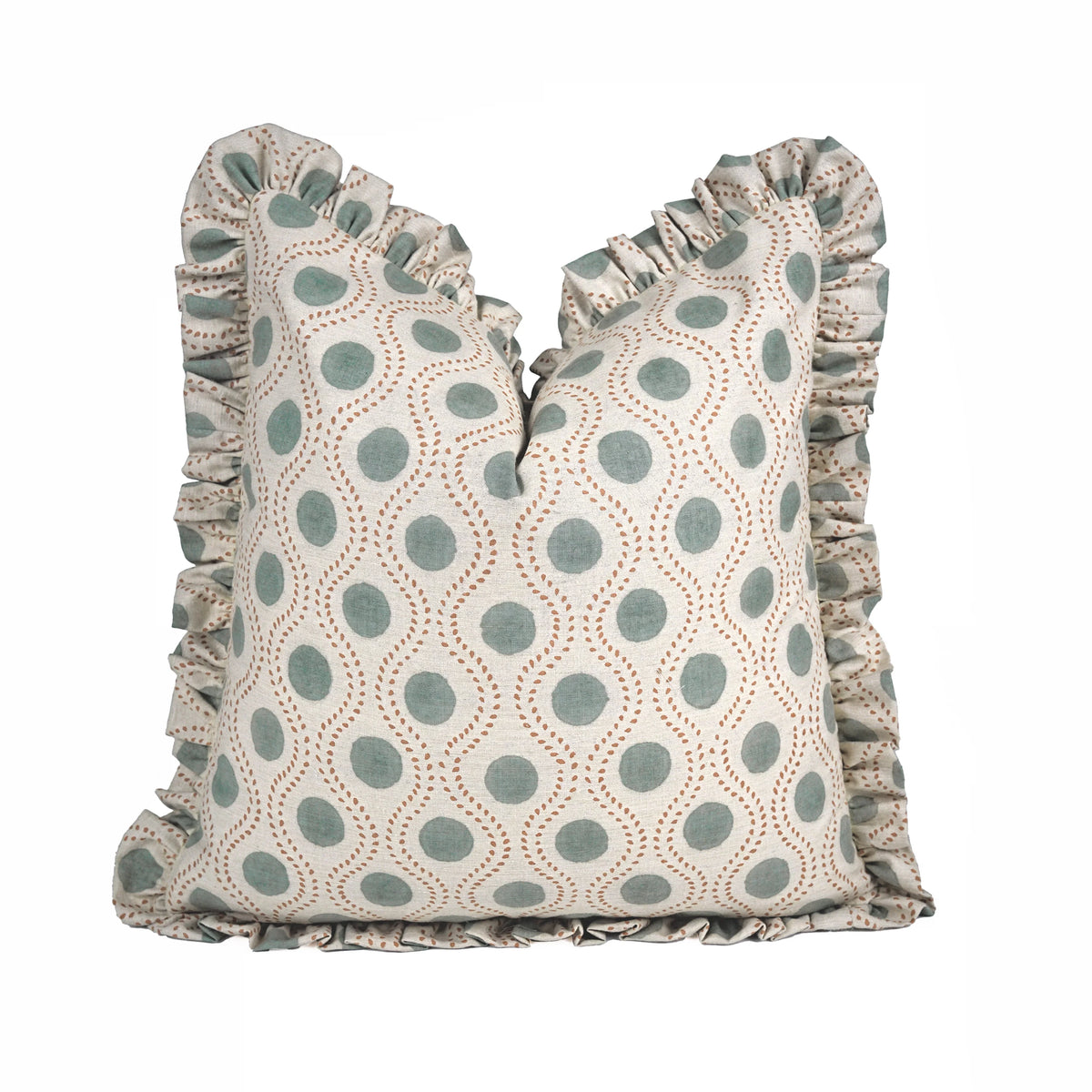 The Glenridge ruffled block print pillow cover in sage and rust, linen blend