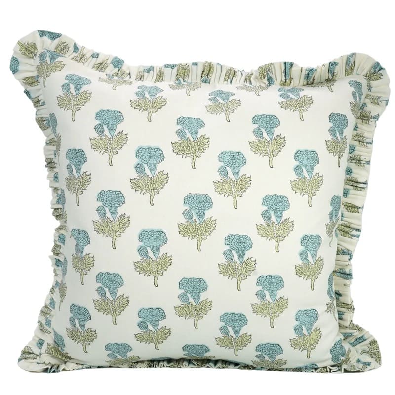 The Grandview ruffled block print pillow cover in blue, green and white, cotton canvas