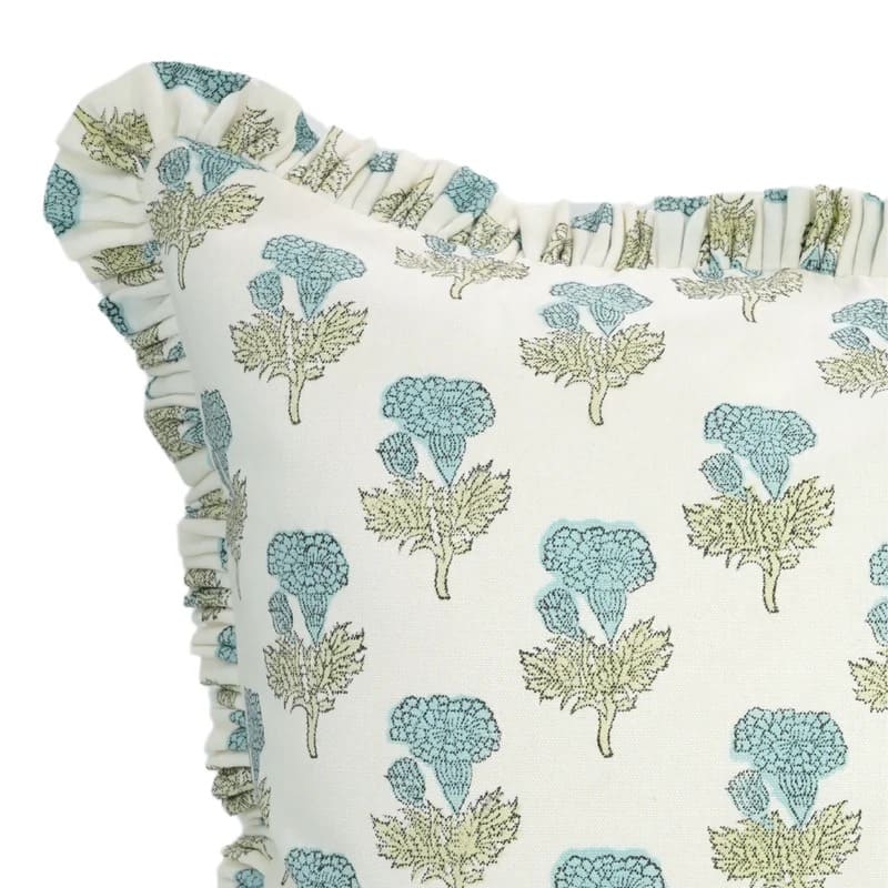 Hand block printed upright floral sprig pattern on the Grandview cotton canvas ruffled pillow cover