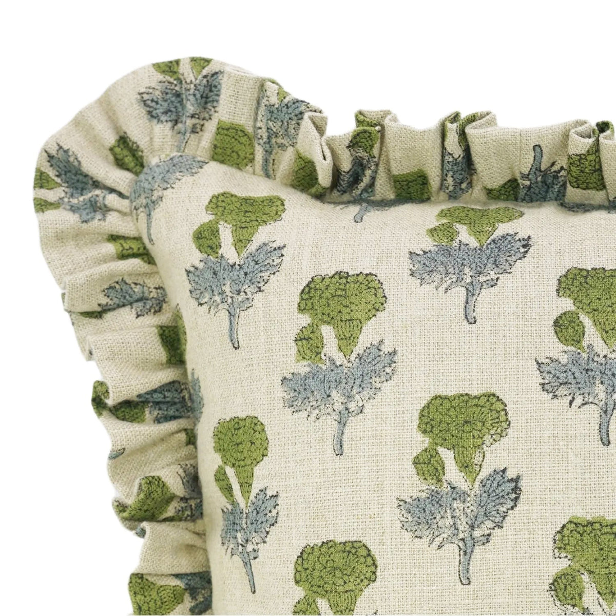 Hand block printed upright floral sprig pattern on the Grandview heavyweight linen ruffled pillow cover