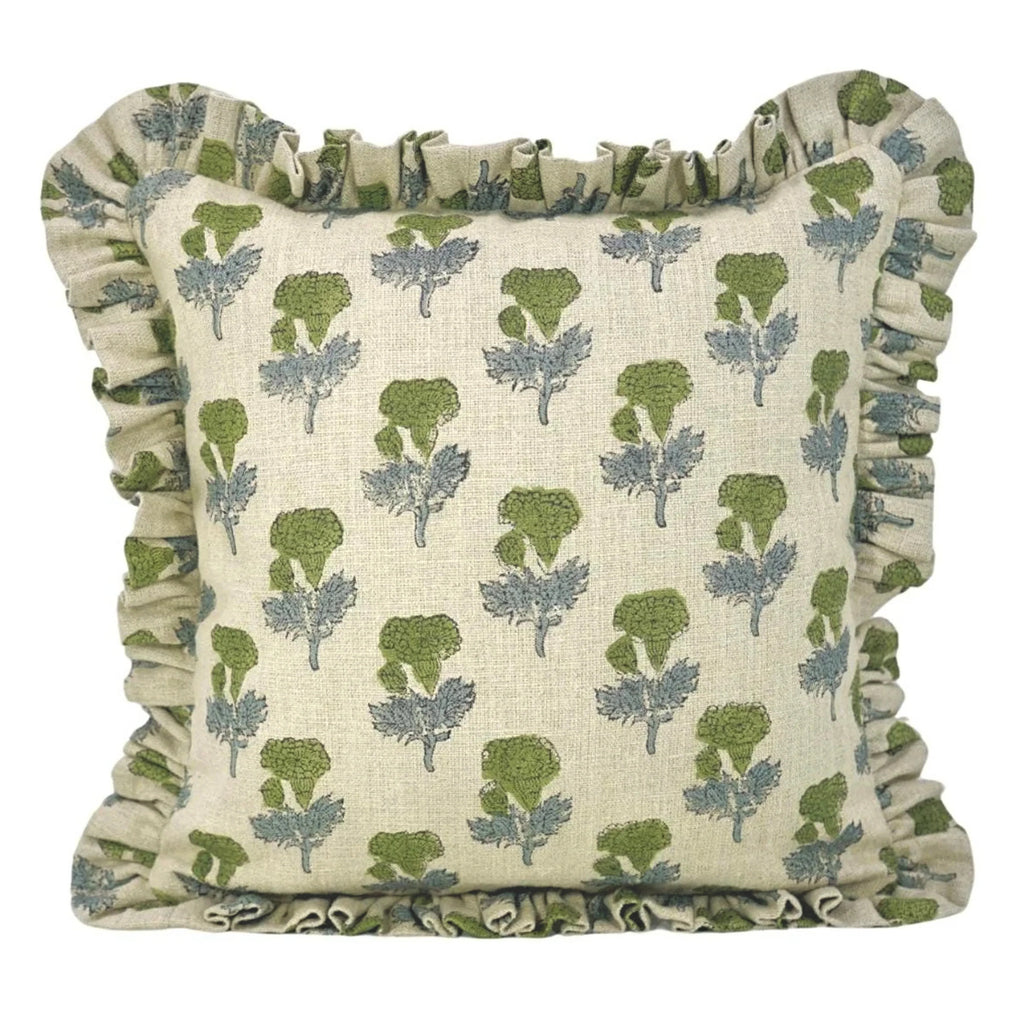The Grandview ruffled block print pillow cover in olive green and blue, heavyweight linen