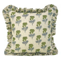 The Grandview ruffled block print pillow cover in olive green and blue, heavyweight linen