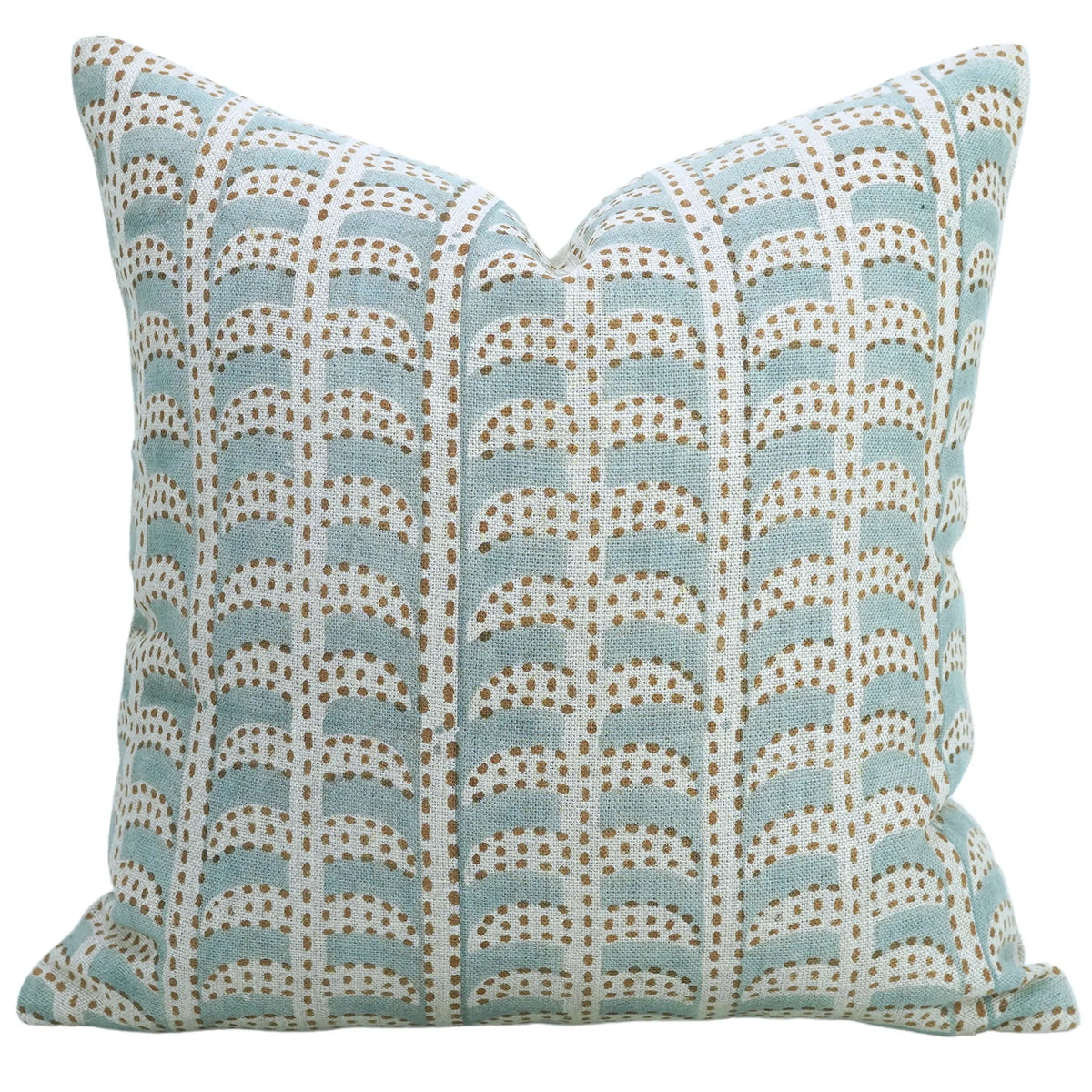 The Hanover block print pillow cover in aqua blue, heavyweight linen