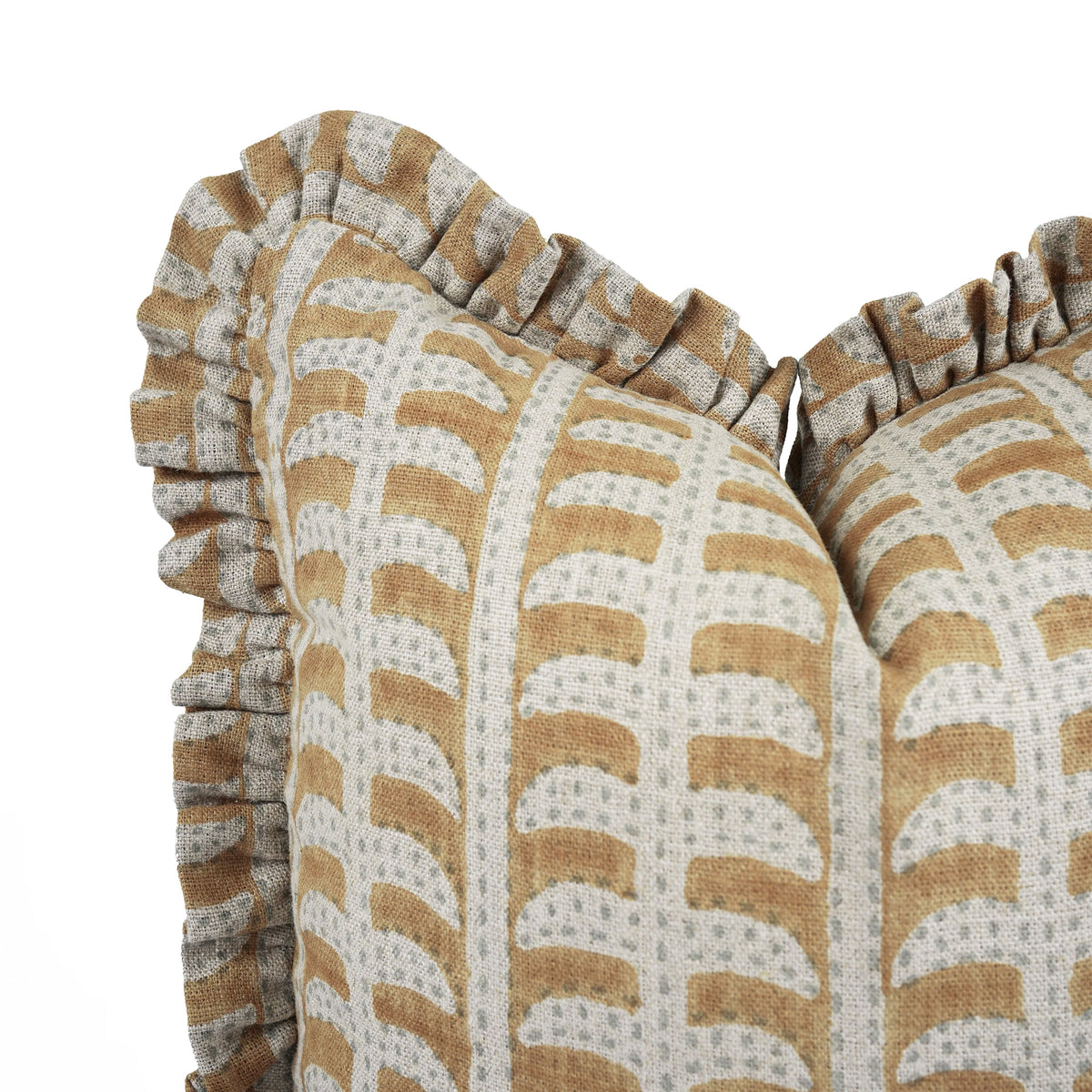 Hand block printed tiered arch pattern on the Hanover heavyweight linen ruffled pillow cover