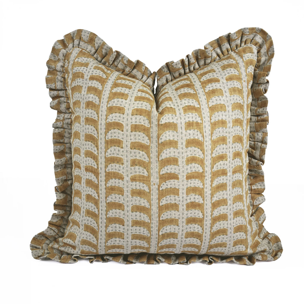 The Hanover ruffled block print pillow cover in camel and cream, heavyweight linen