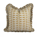 The Hanover ruffled block print pillow cover in camel and cream, heavyweight linen
