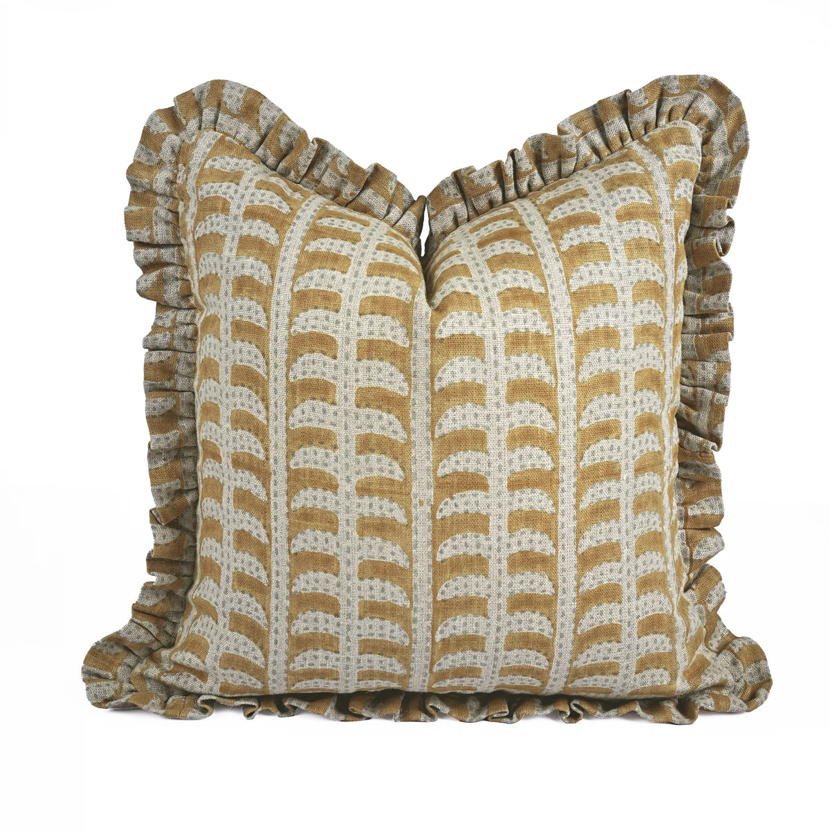 The Hanover ruffled block print pillow cover in camel and cream, heavyweight linen