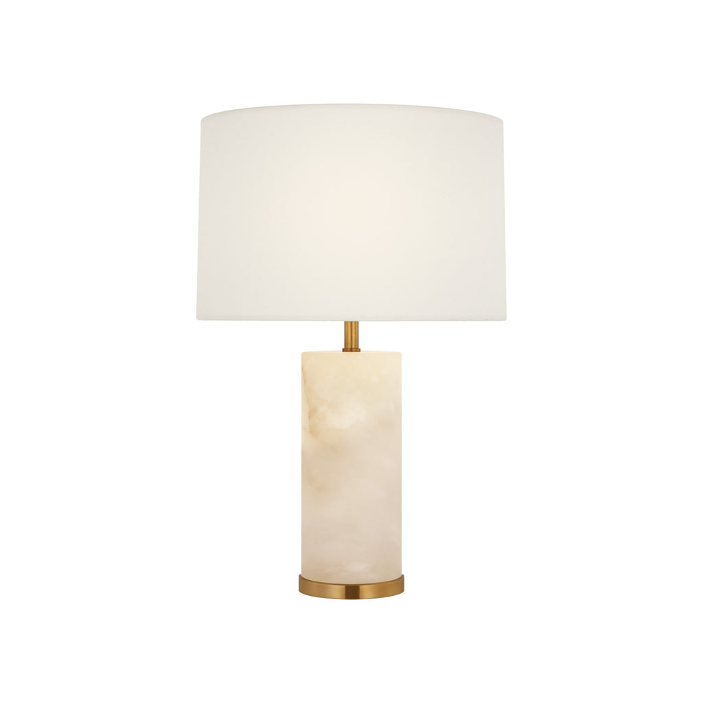 16-inch Hayes alabaster cordless table lamp with brass foot and linen shade by Kevin Francis Design