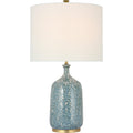 25-inch Imogen blue glazed ceramic cordless table lamp with linen drum shade by Kevin Francis Design