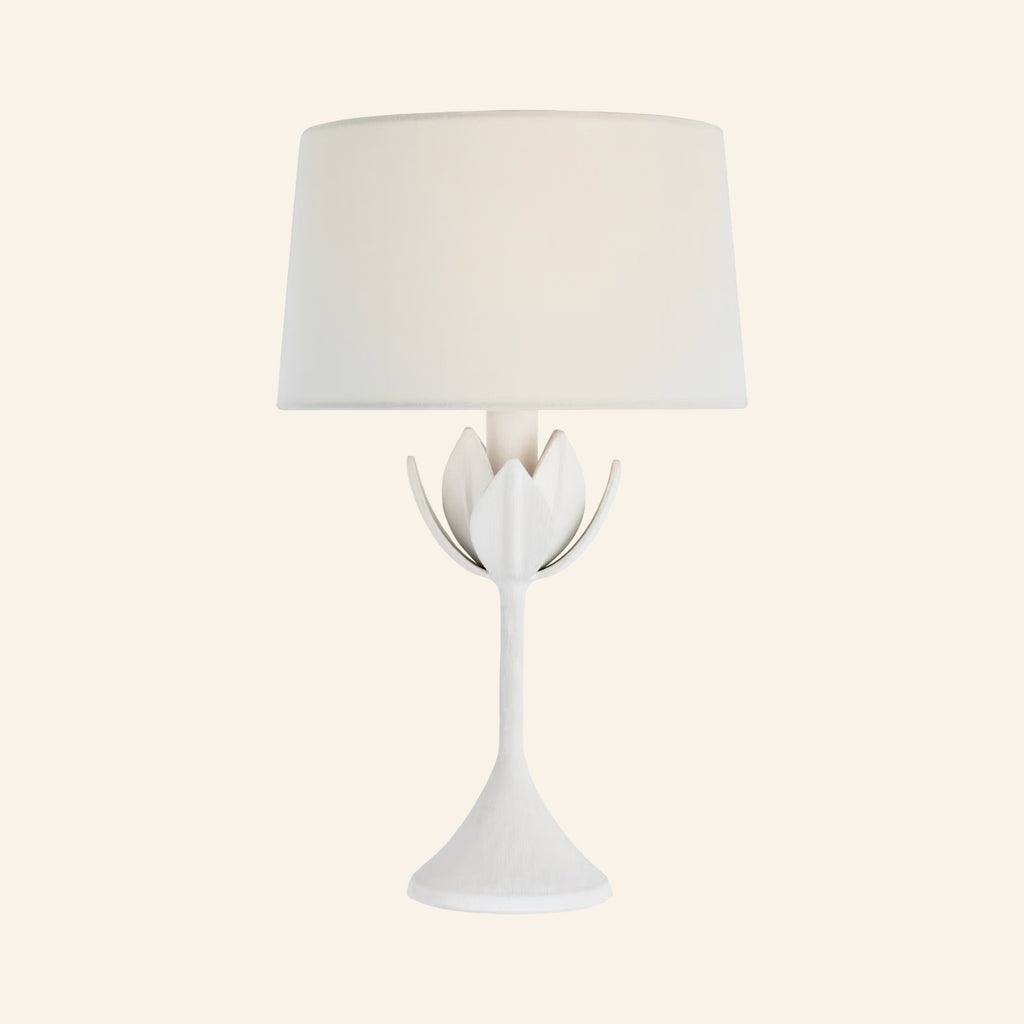 17-inch Julian cordless table lamp in plaster white, a slender stem opening into a crown of leaves under a white linen shade, by Kevin Francis Design