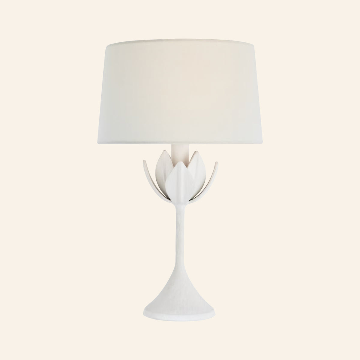 17-inch Julian cordless table lamp in plaster white, a slender stem opening into a crown of leaves under a white linen shade, by Kevin Francis Design