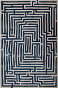 Blue maze-patterned 4x6 tufted rug from Kevin Francis Design's Anatolia collection, featuring intricate hand-tufted craftsmanship.