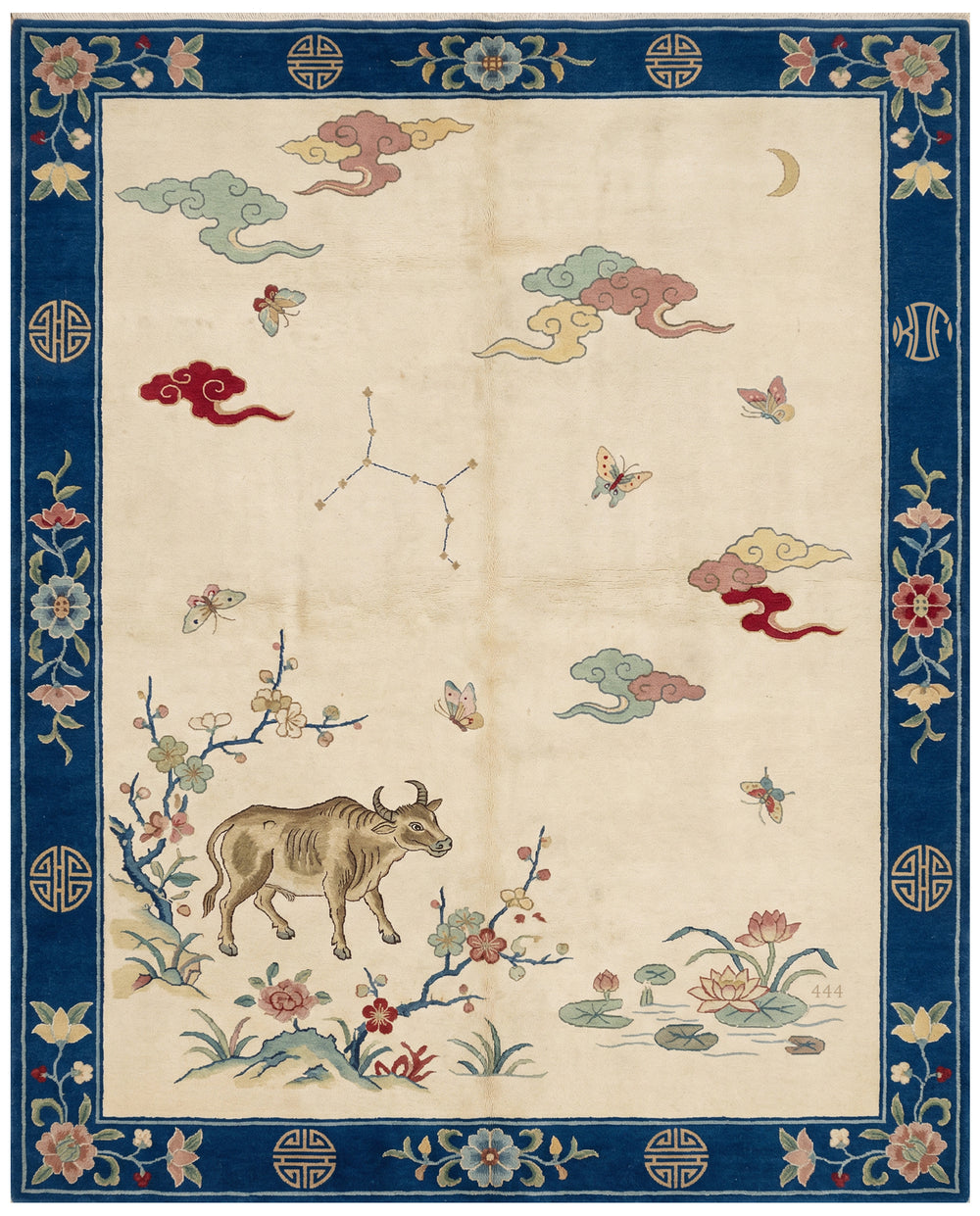 Personalized Chinese Art Deco Talisman Rug by Kevin Francis Design with intricate lotus and ox motifs in vibrant colors.