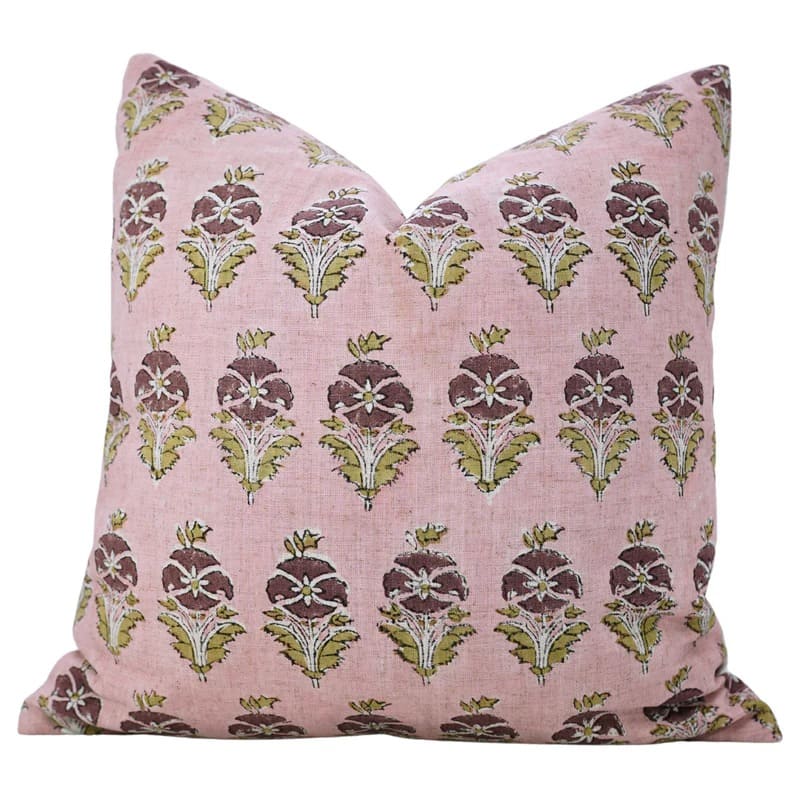 The Kingsboro block print pillow cover in pink, plum and green, linen blend
