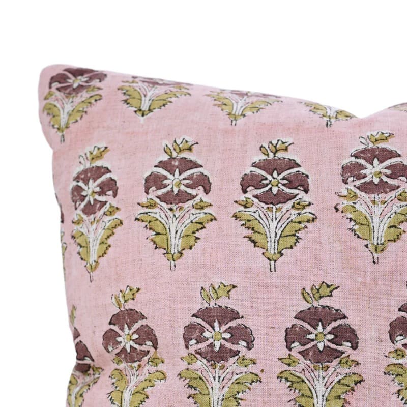 Hand block printed crowned floral pattern on the Kingsboro linen blend pillow cover
