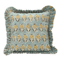 The Kingsboro ruffled block print pillow cover in mustard, slate and duck egg blue, cotton canvas