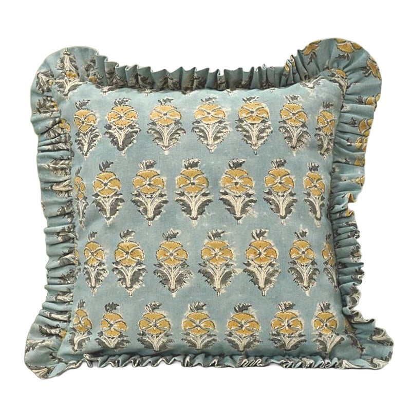 The Kingsboro ruffled block print pillow cover in mustard, slate and duck egg blue, cotton canvas