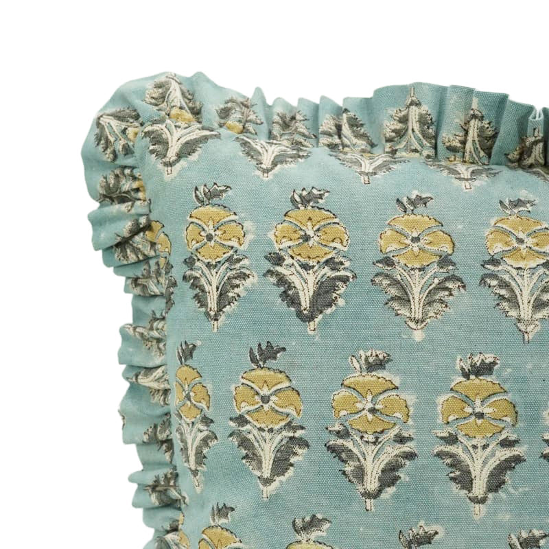 Hand block printed crowned floral pattern on the Kingsboro cotton canvas ruffled pillow cover