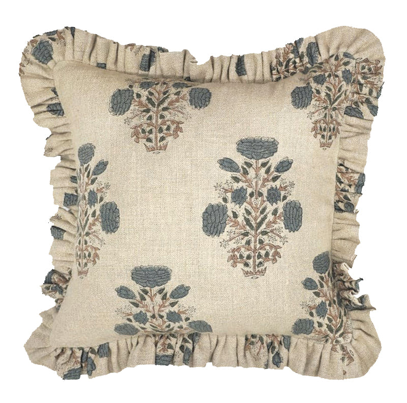 The Kingswood ruffled block print pillow cover in slate and brown, heavyweight linen