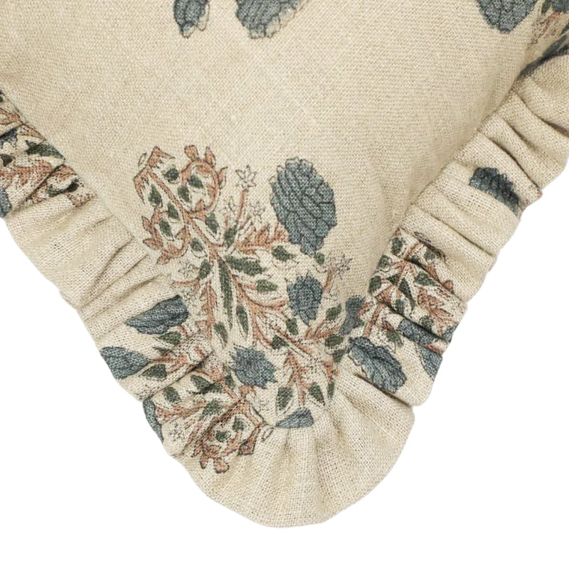 Hand block printed floral medallion pattern on the Kingswood heavyweight linen ruffled pillow cover