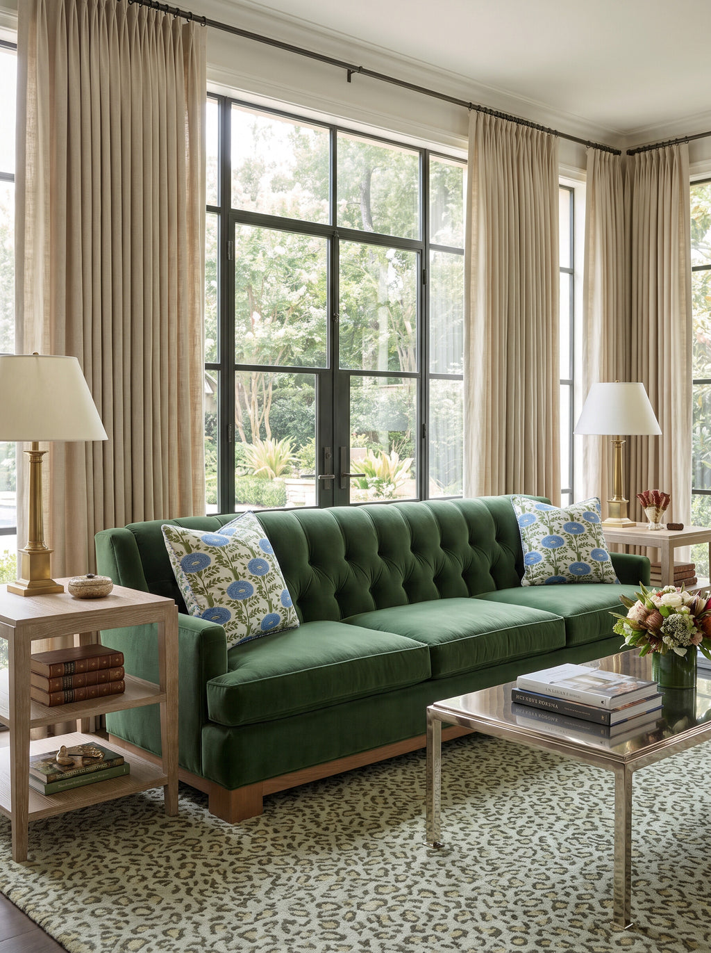 Knollwood block print pillow covers styled on a green tufted velvet sofa over a green leopard rug