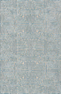 Sky blue Knossos hand-tufted maze rug by Kevin Francis Design, showcasing its intricate geometric pattern on plush surface.
