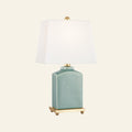 Teal ceramic table lamp with 17-inch height by Kevin Francis Design, featuring a sleek, modern design and a cylindrical base.