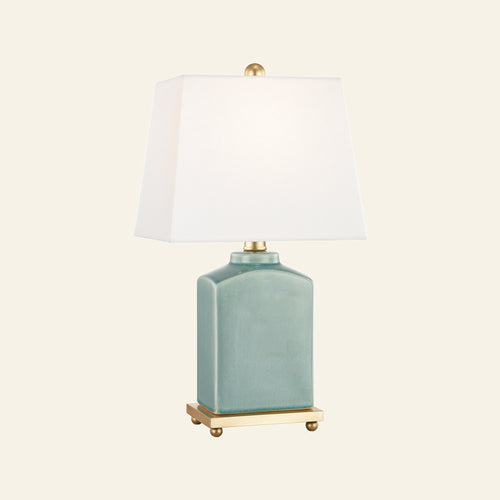 Teal ceramic table lamp with 17-inch height by Kevin Francis Design, featuring a sleek, modern design and a cylindrical base.