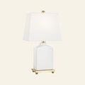 White ceramic table lamp with 17-inch height by Kevin Francis Design, featuring a sleek, modern design and a smooth cylindrical shape.