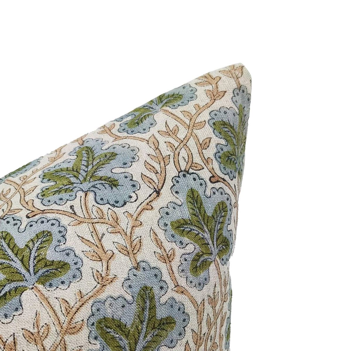 Hand block printed leaf and vine pattern on the Longleaf 100% linen pillow cover