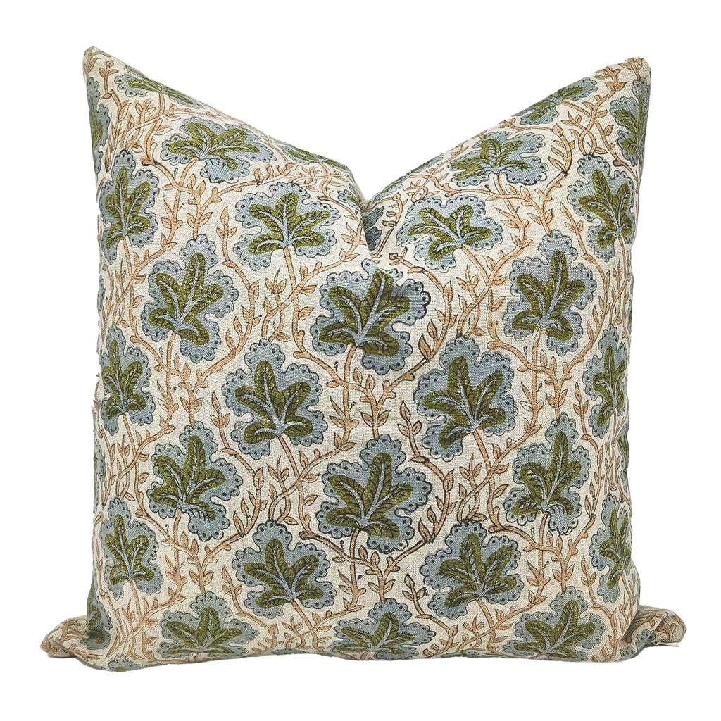 The Longleaf block print pillow cover in olive green and tan, 100% linen